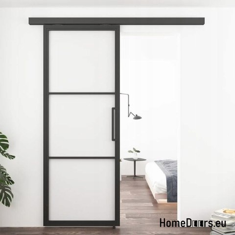 Drzwi przesuwne 90 Loft 3S szklane stalowe czarne z szybami od ręki Drzwi przesuwne 90 Loft 3S szklane stalowe czarne z szybami od ręki